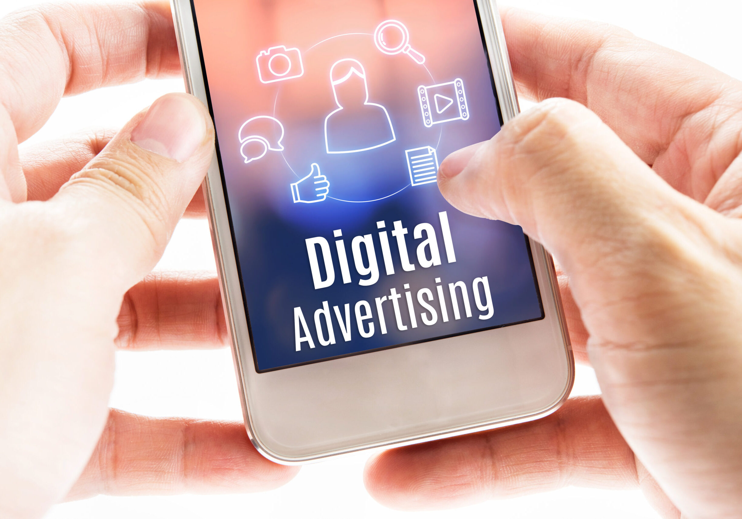 Close up hand holding mobile with Digital Advertising and icons, Digital Marketing concept.